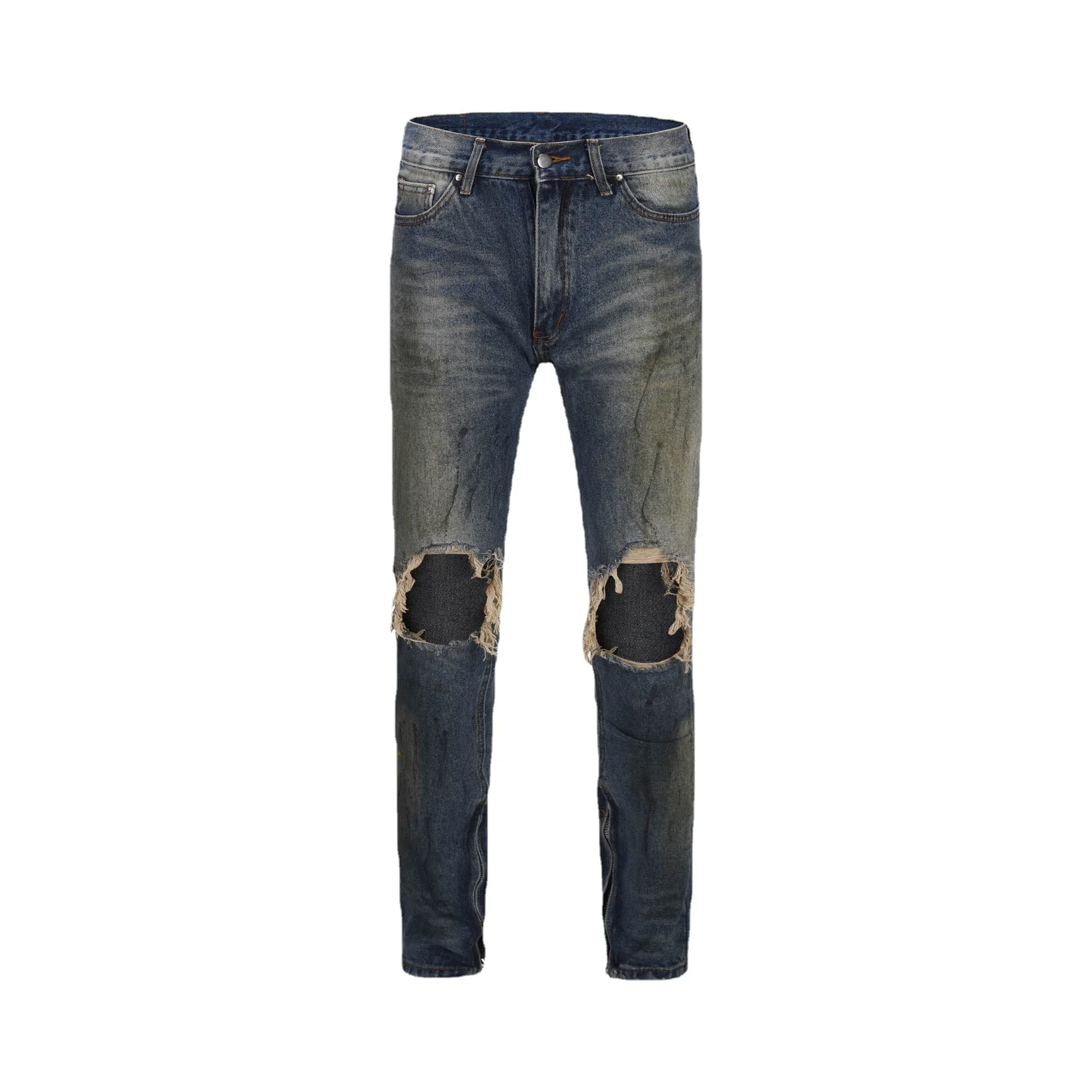 American Wash Slim Cut Jeans High Street Kanye Same Old Splash Yellow Knee Hole Slim Fit Pants Leg Zipper Jeans Men
