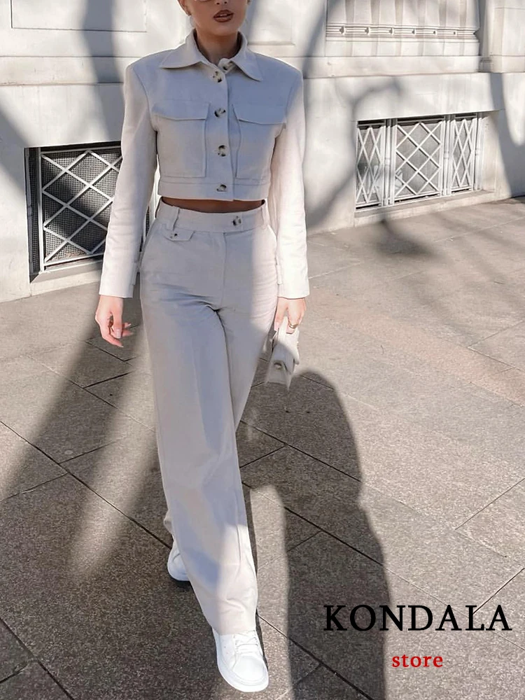 

Повседневный Женский костюм KONDALA, однотонный короткий Блейзер с отложным воротником на одной пуговице, прямые свободные брюки на молнии, новые модные комплекты 2023