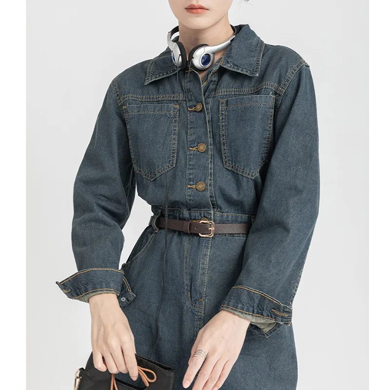 

Осень-зима 2023, женское облегающее джинсовое платье в стиле ретро с эффектом ощущения дизайна, закрывающее талию