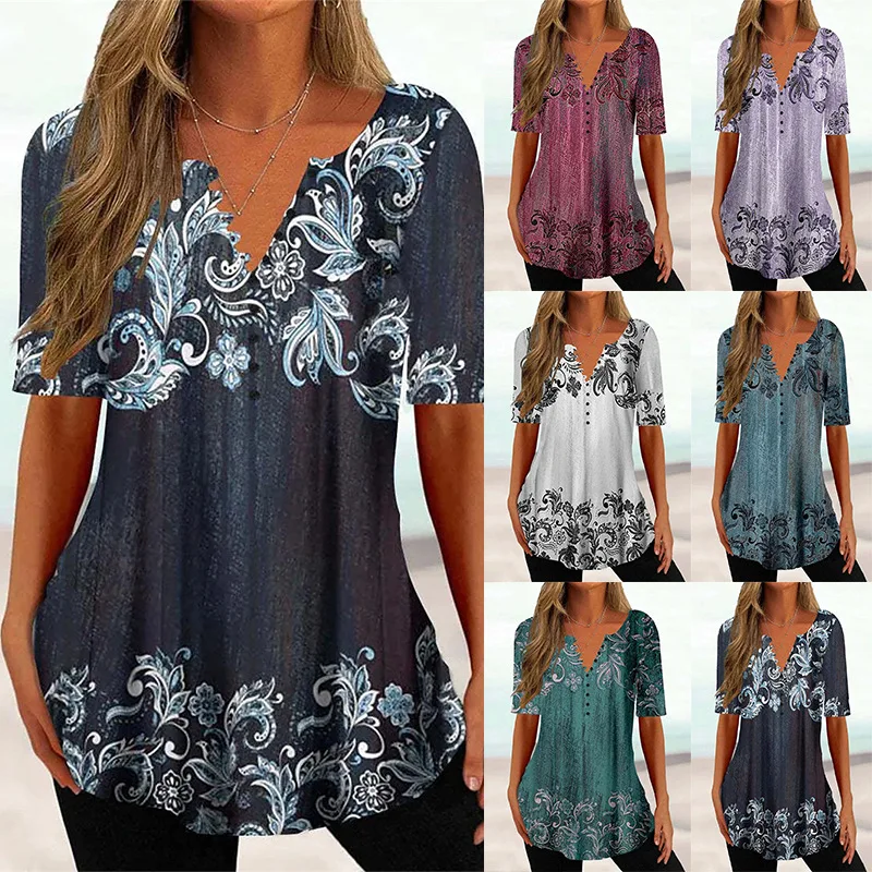 

Women's 2023 Summer Loose V-neck Pullover Short Sleeve Button Print T-shirt Shirt Female & Lady Fashion Casual Versatile Top