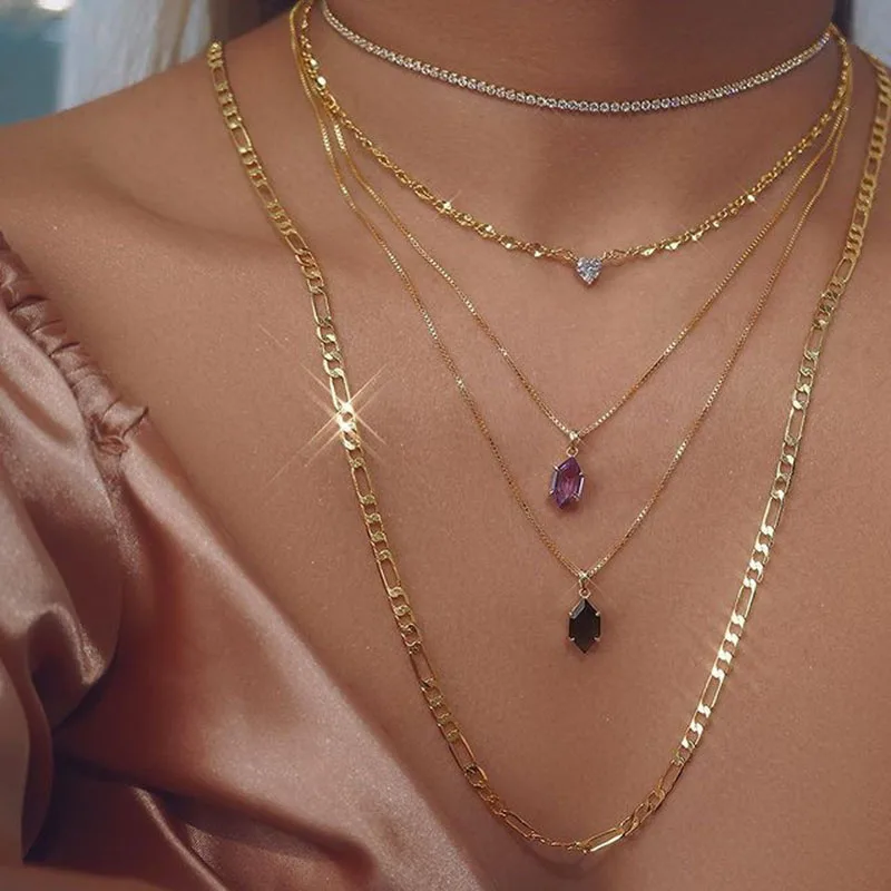 

Fashion Vintage Simple Geometric Hexagon Crystal Pendant Collar Necklace For Women Female Gold Color Thin Chain Jewelry Gift
