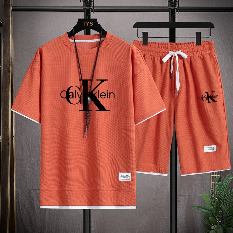 Spring and summer, men's T-shirts and shorts, made of waffle material, are fashionable and exquisite, casual and comfortable,