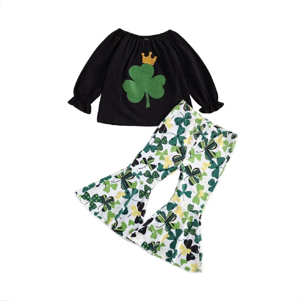 

Fashion Saint Patrick's Day Baby Girls' Set Short Sleeve Alphabet Print Clothes Clover Rainbow Bell Pants Children's Set