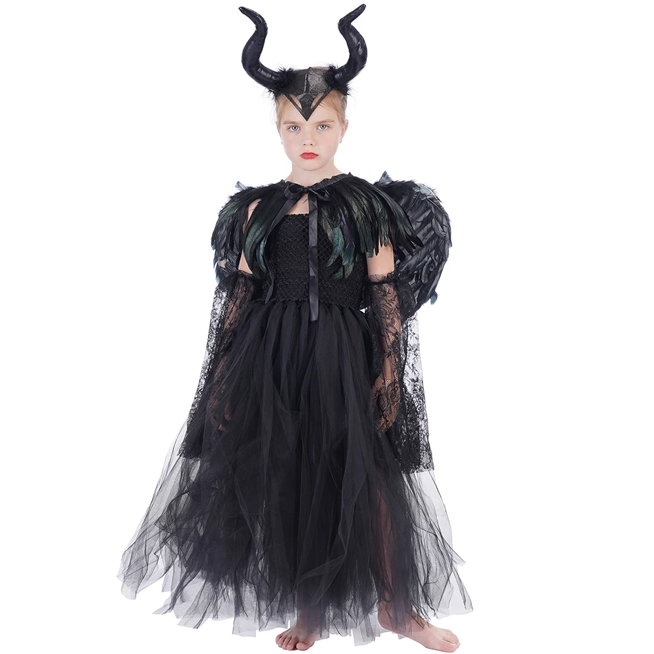 Halloween Costume For kids Maleficent Dress Deluxe Girls Fancy Feather Shawl Glam Gown Tutu Dress Kids Demon Queen Witch Clothes