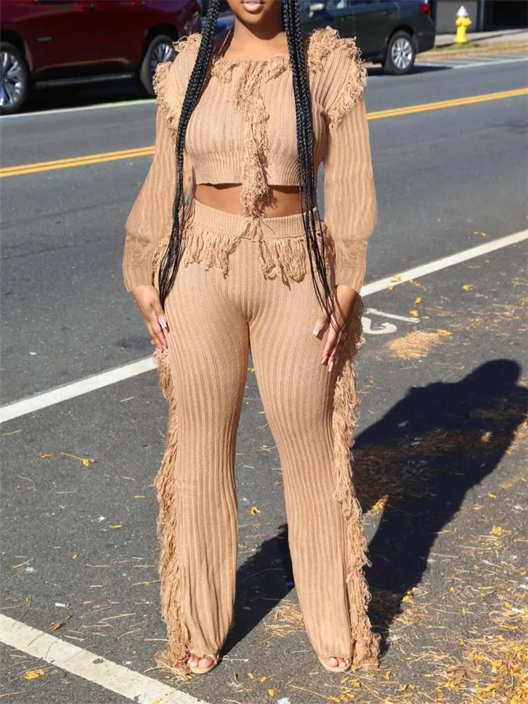 

2022 New Ensemble Femme 2 Pièces Fringe Trim Long Sleeve Crop Top & Pants Set Two Piece Sets Womens Outifits Ensemble Femme