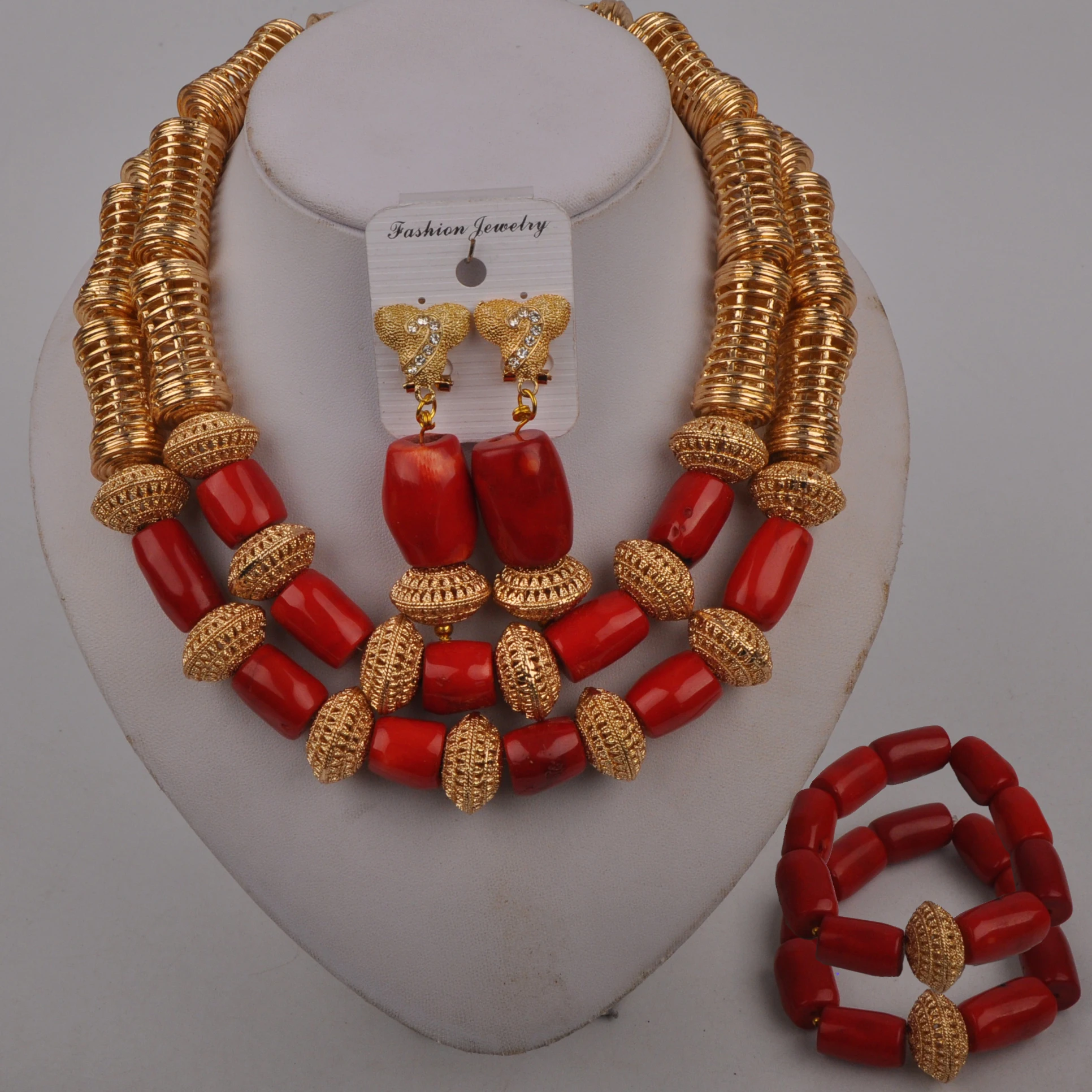 

Красный нигерийский Свадебный коралловый ожерелье золотые африканские бусы комплект ювелирных изделий