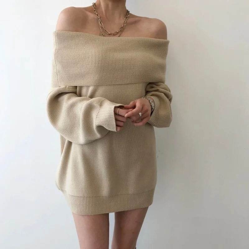

2022 Korean Style Temperament Elegant Off-the-shoulder Neckline Loose Mid-length Two-wear Long-sleeved Knitted Sweater Women