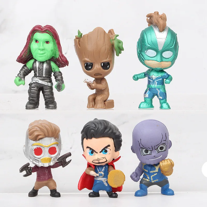 

6pcs/Lot 4-5cm Marvel Avengers Superhero Q Version Thanos Doctor Strange Captain Marvel Cute Mini Action Figure Model Kids Toy