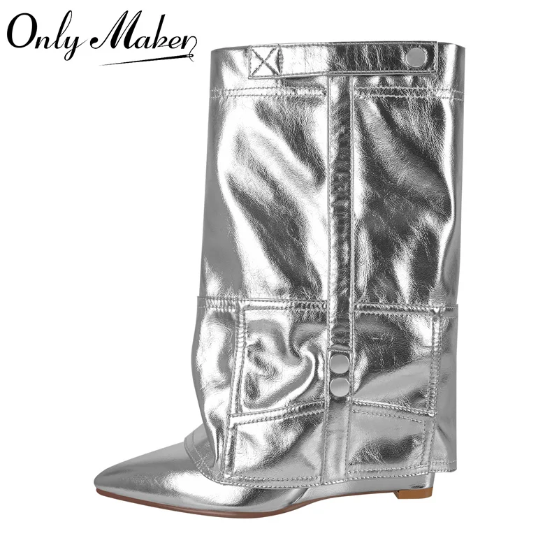 

Onlymaker Women Pointed Toe Wedge Heel Mid-Calf Fold Over Boots Silver Wedge Heel Fashion Big Size Handmade Booties