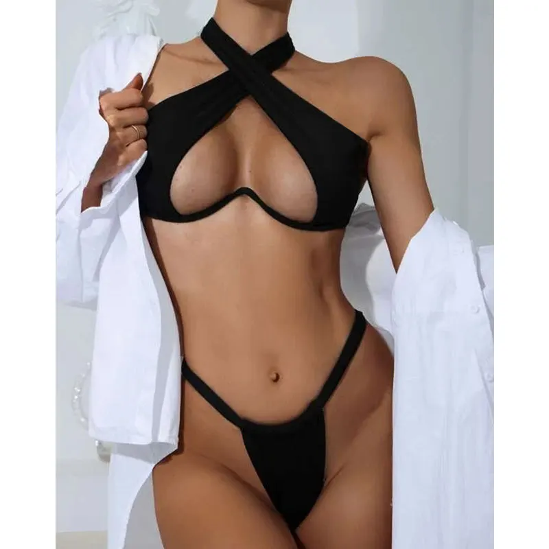 

2022 Ladies Summer Solid Color Sexy Bikini Adult Female Multifunctional Detachable Shoulder Strap Sexy Halter Swimsuit Bikini