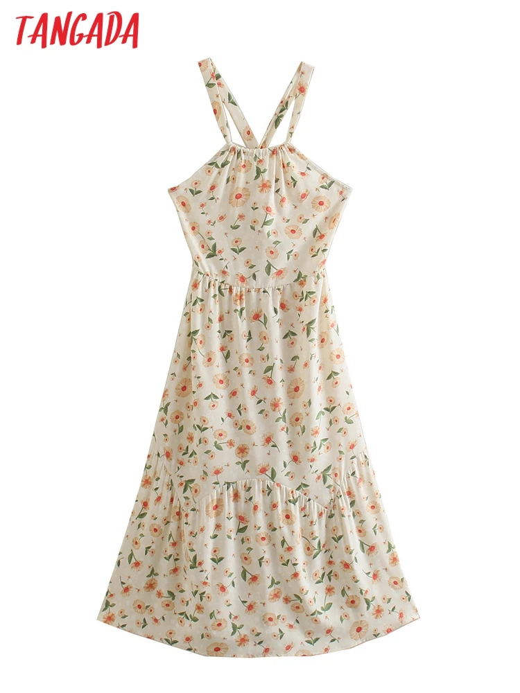

Tangada 2022 summer women flowers print backless ruffles beach dress Sleeveless Ladies Sexy Sundress 1F22