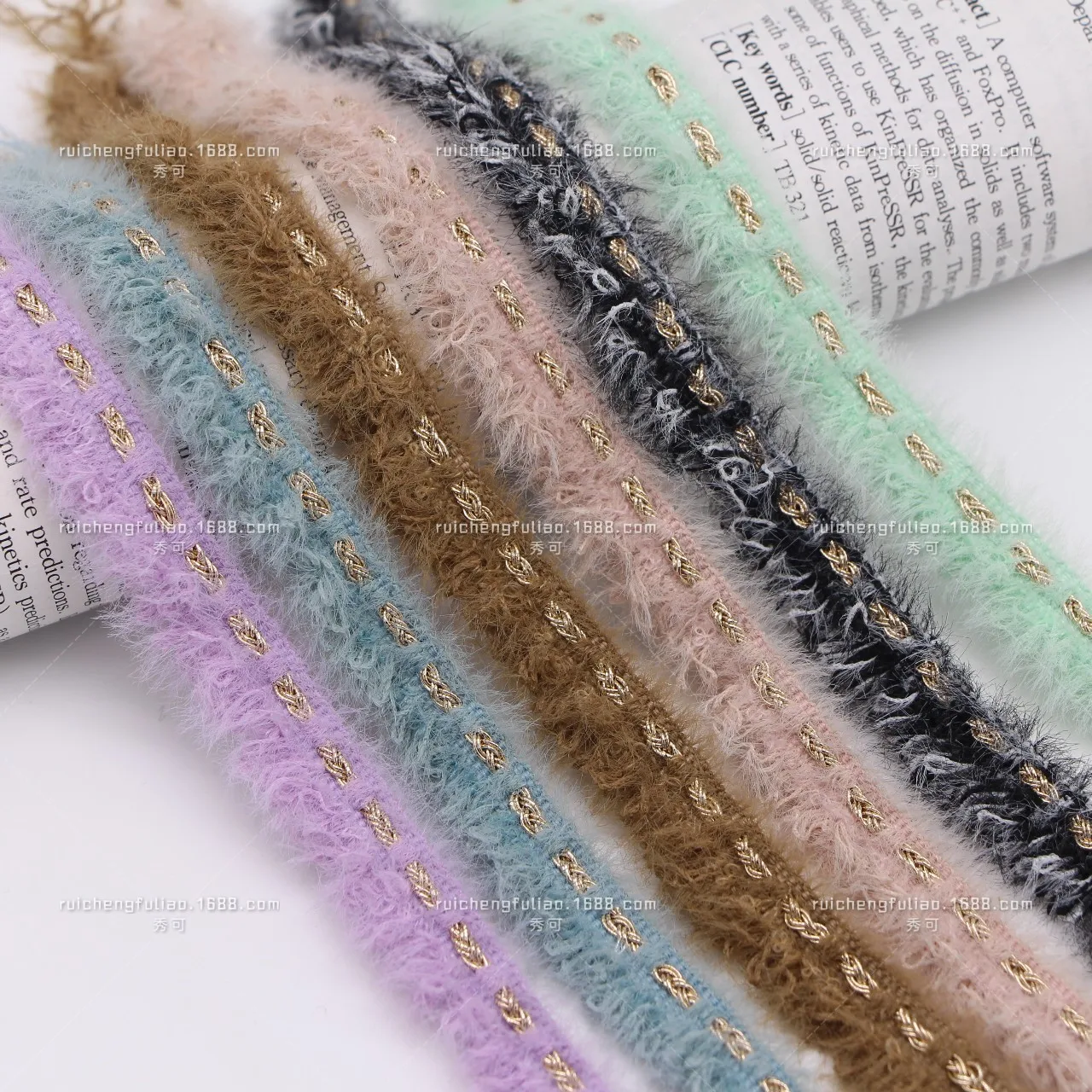 

90 yards/roll gold silk small fragrance ribbon single side imitation mink hair fringe lace handmade diy garment accessories