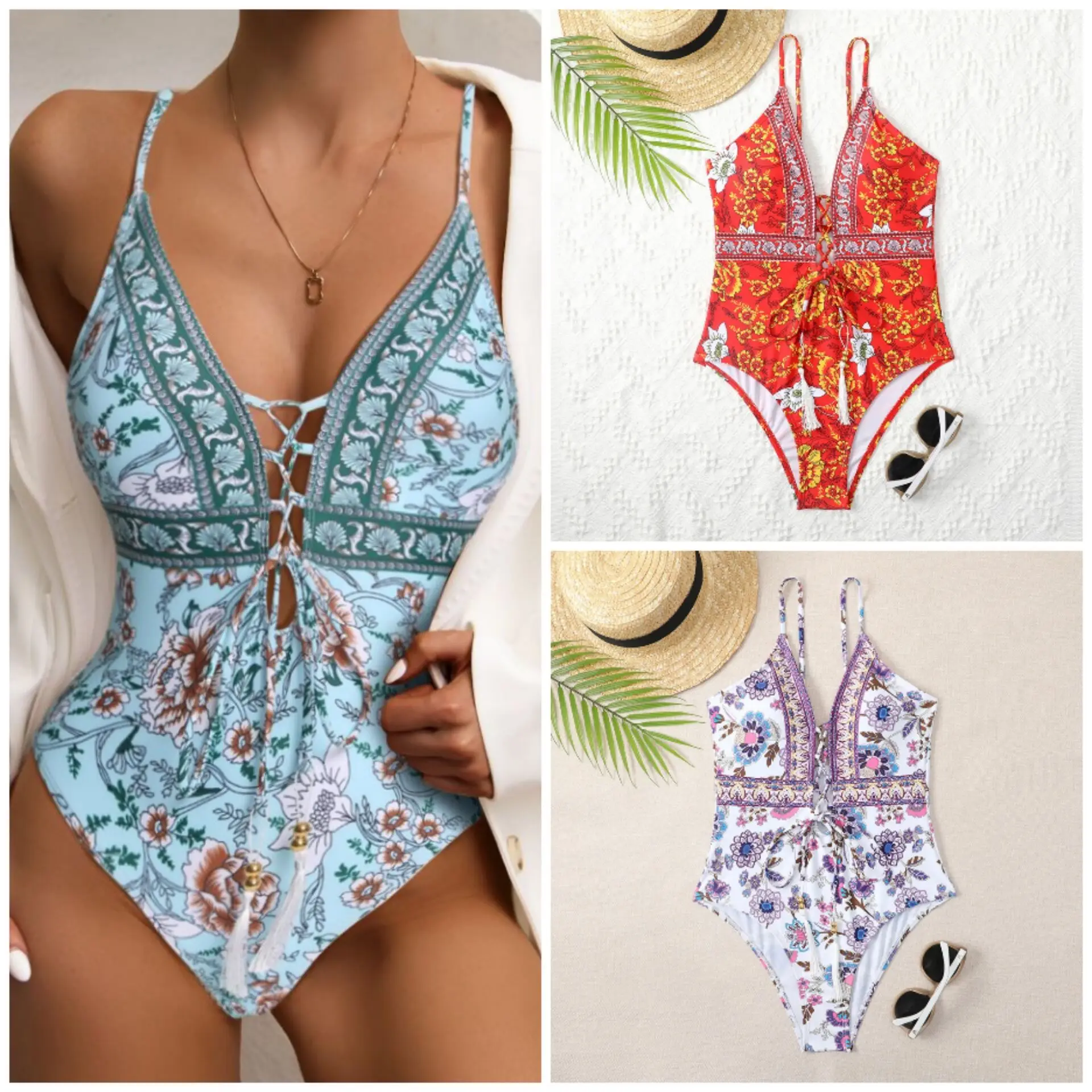 

Vintage Print Swimsuit One Piece Tassel Bandage Monokini Swimwear Women 2023 Sexy Hollow Out Women's Swimsuit High Cut Bikini