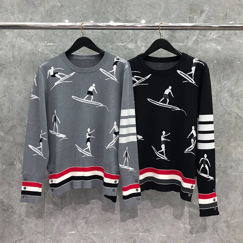 

THOM TB Fashion Brand Sweaters Men Loose O-Neck Pullovers Clothing Surf Pattern Striped Wool Cotton Spring Autumn Casual Coat