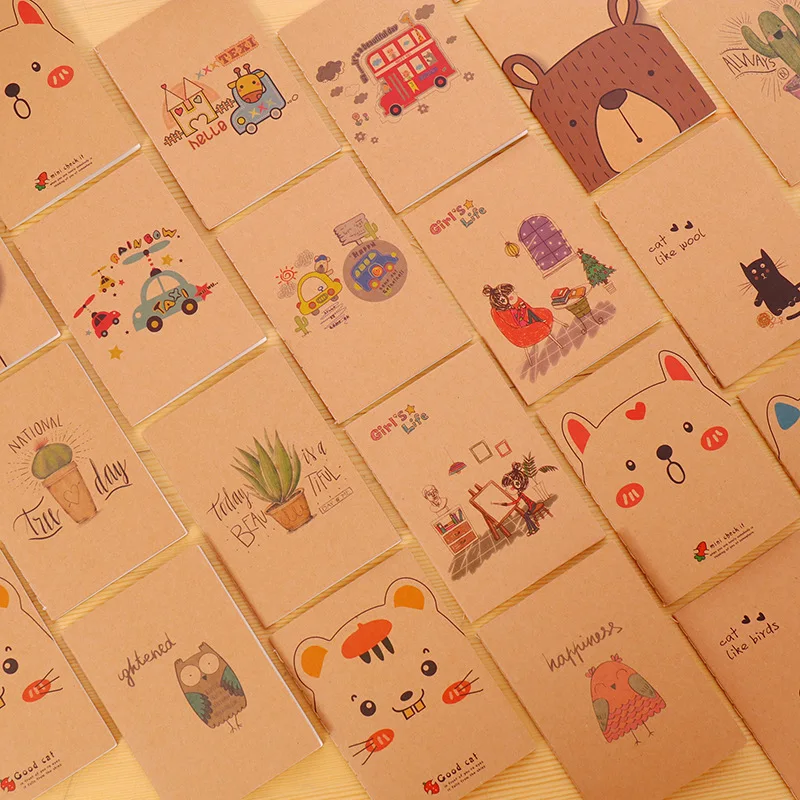 

50Pcs Mini Cute Cartoon Notebook Cactus Cat Fox Bear Kraft Retro Paper Student Gift School Stationery Supplies