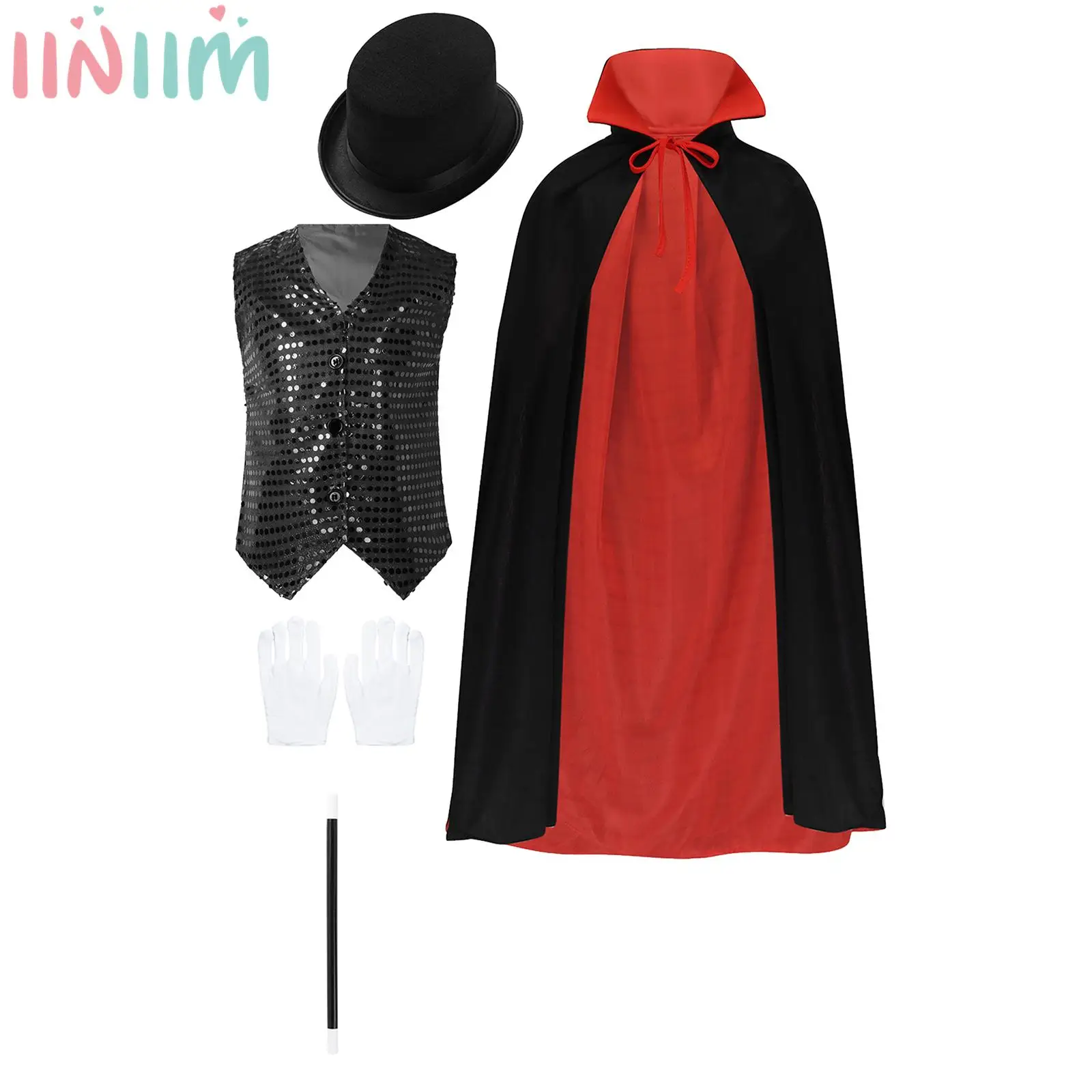 

Kids Boys Girls Halloween Magician Showman Costume Theme Party Magic Performance Fancy Dress Vest Waistcoat with Cape Hat Gloves