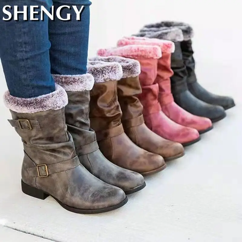 

Женские сапоги до середины икры, бархатные теплые ботинки, осенне-зимняя кожаная обувь на плоской подошве в стиле ретро, модные женские зимн...