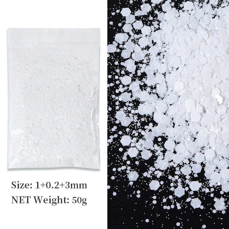 50G Sparkly White Hexagon Nail Sequins 3D Chunky Glitter Bulk Mix Flakes For Nail Art Decorations Charms Gel Polish DIY Manicure