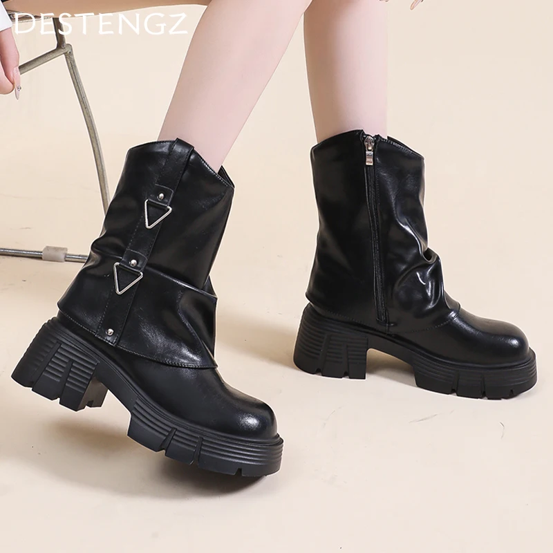 Женские кожаные ботильоны зимняя обувь на среднем каблуке женская трендовая