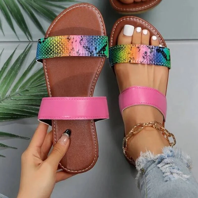 

Women Slippers Colorblock Double Strap Slides Serpentine Design Funky 2023 Summer New Flat Sandals Outdoor Leisure Woman Shoes