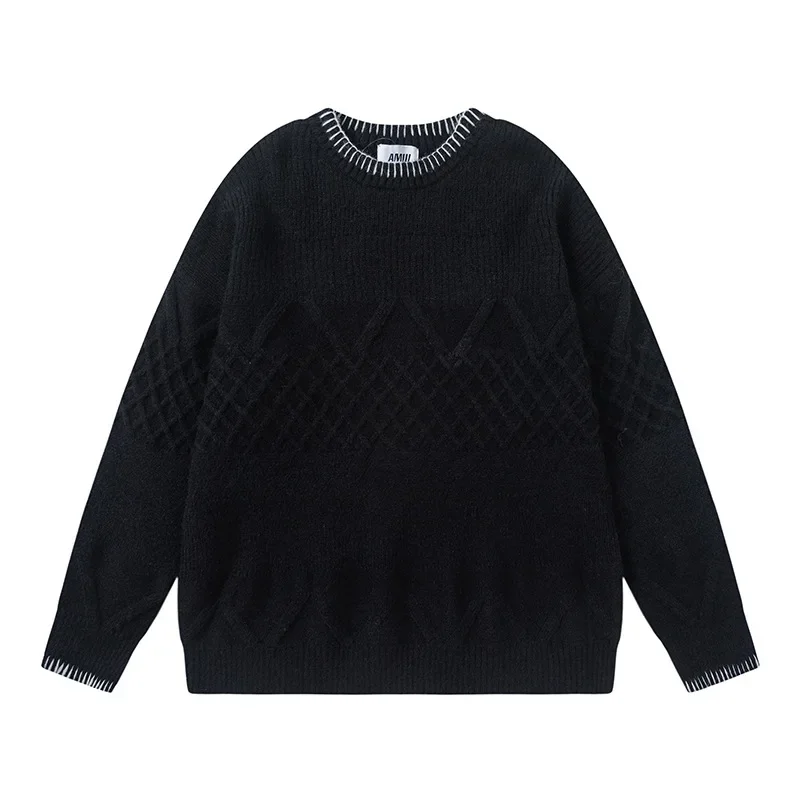 American Style Vintage Color Blocking Round Neck Pullover Knitted Top Casual Loose Fit Men's Autumn Sweater Situational Design S