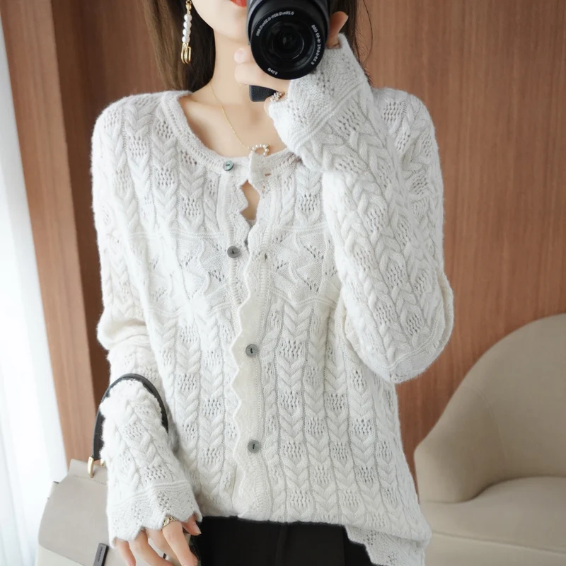 

Cashmere/Wool Cardigan Women's Coat Round Neck Hollow Sweater Spring and Autumn New Loose Chic Fashion Knitted Women's Clothing