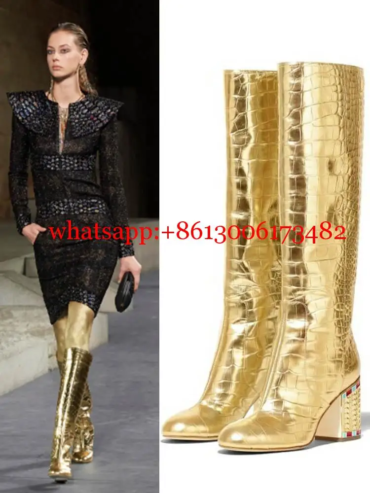 

Женские сапоги до колена, золотистые сапоги в форме крокодила, Украшенные бусинами