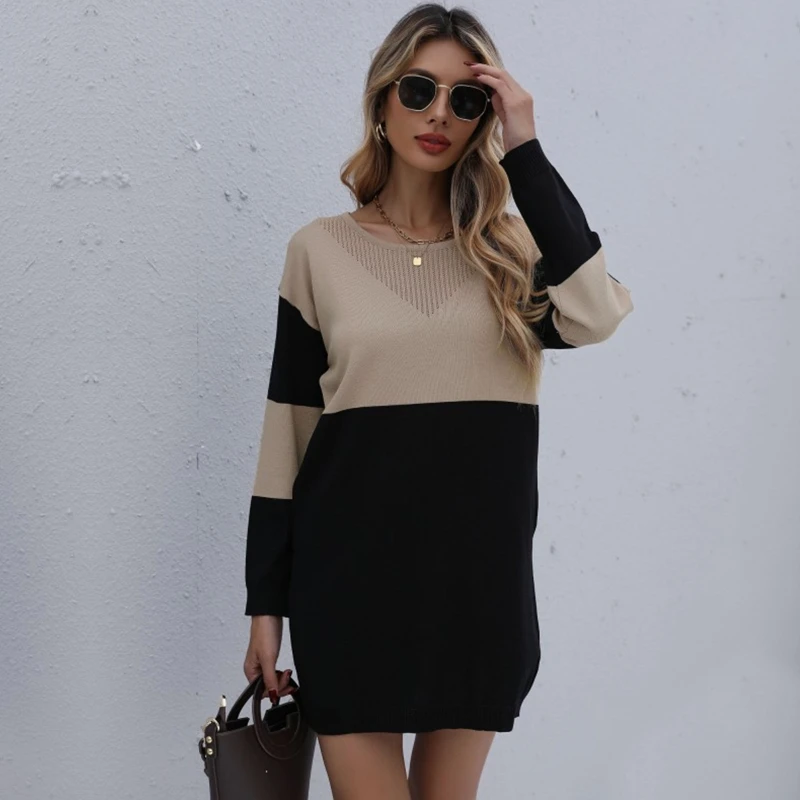 

Comfortable Knitted Sweater Dress for Women Long Sleeves Casual Dress Stylish Contrast Color Dress Round Neck Dress Gift