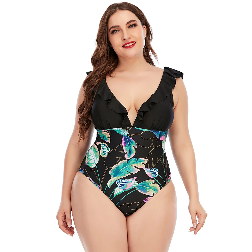 

Plus Size Print One Piece Swimsuit Fattening One Piece Printing Color Matching Ruffle Swimsuit Swimsuit Large Size L-4XL