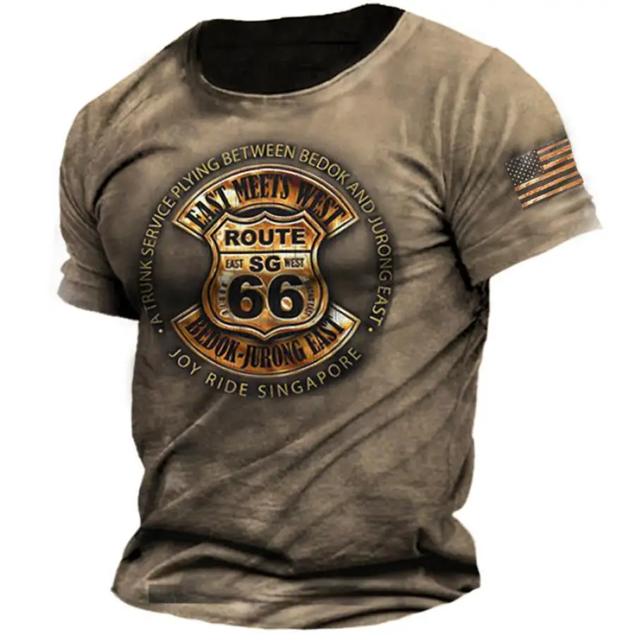 

Vintage T-shirt Men's 3D Printing Street Top Short-sleeved Oversized T-shirt Hip-hop O-neck 66 Route Summer Clothing 2023