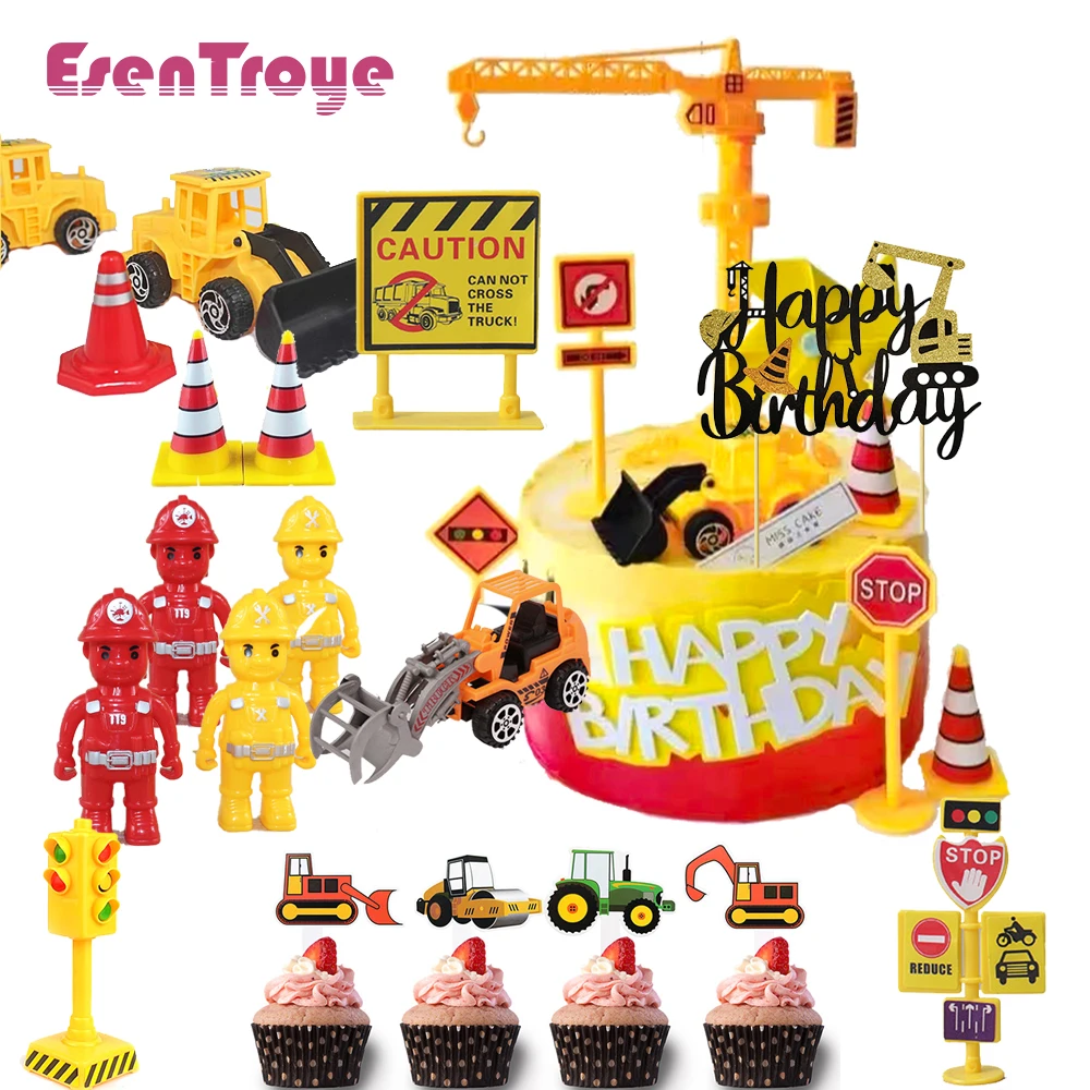 

Excavator Crane Tractor Cake Decoration Roadblock Sign Vehicle Cake Topper for Kids Boys Construction 1st Birthday Party Favors