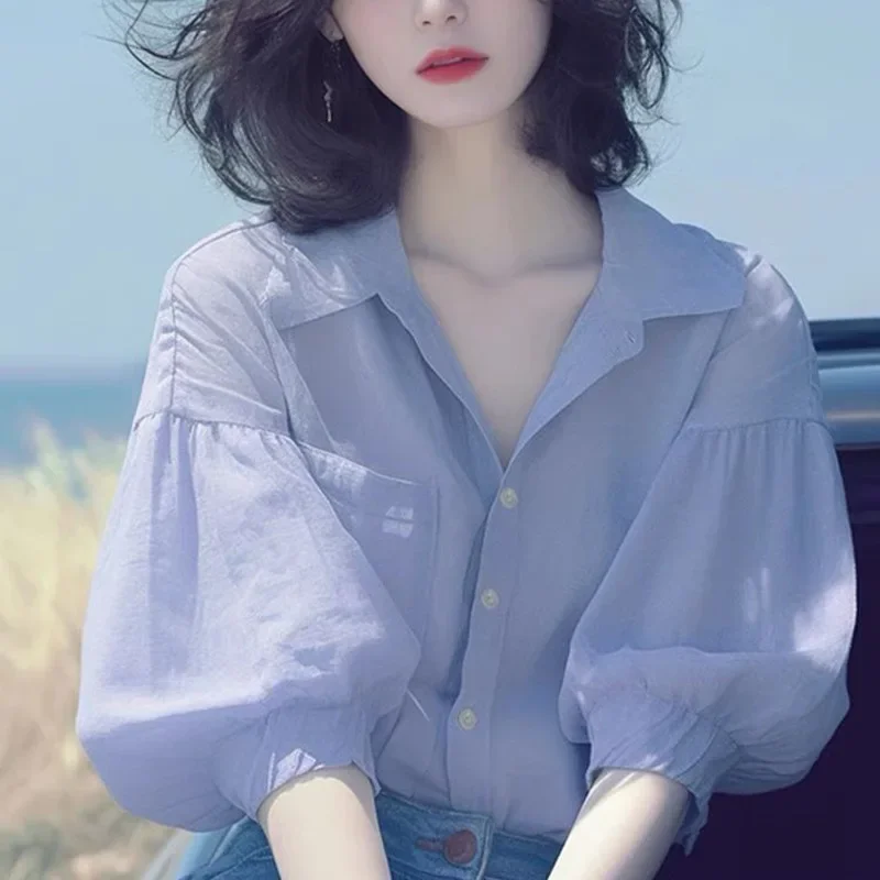 Летний шикарный чувственный фиолетовый топ с рукавами-фонариками в корейском