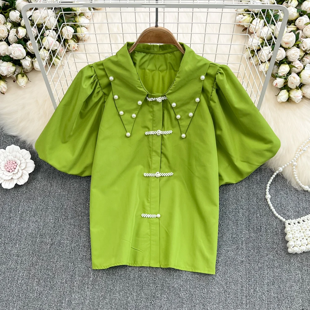 

Summer Pearl Single-Breasted Shirt Bubble Short Sleeve Top Women Beaded Turn-Down Collar Solid Color High Quality Blouse