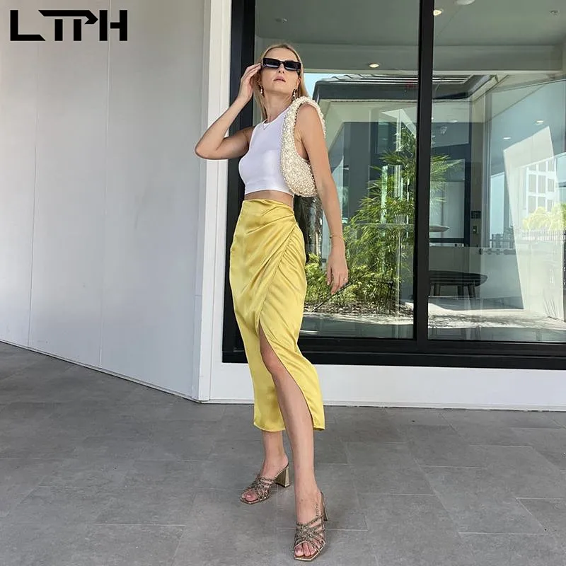 

LTPH golden satin textured skirt women high waist grab pleats craft midi skirts elegant streetwear bottoms summer 2022 new