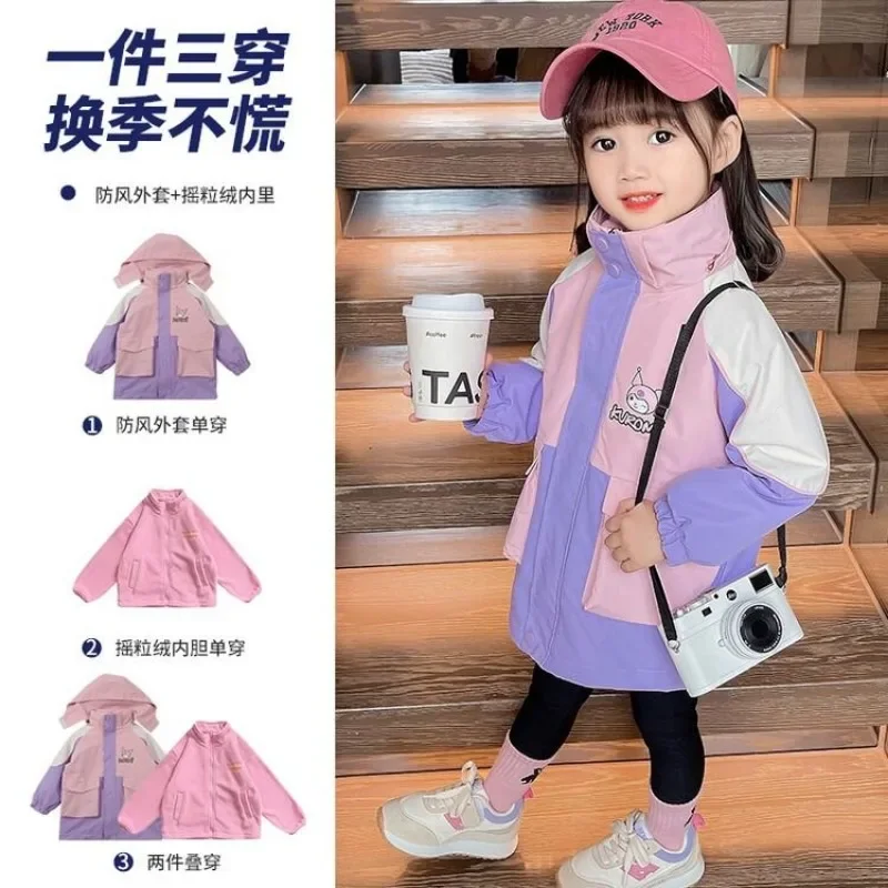 Пальто Kawaii Sanrio Kuromi для девочек осенне-зимняя бархатная ветрозащитная детская