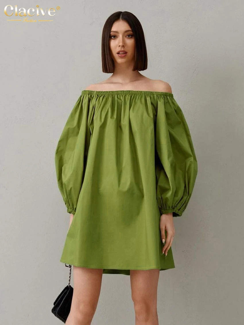 

Clacive Sexy Green Cotton Mini Dress Ladies Autumn Fashion Slash Neck Long Sleeve Dress Elegant Loose Dresses For Women 2022