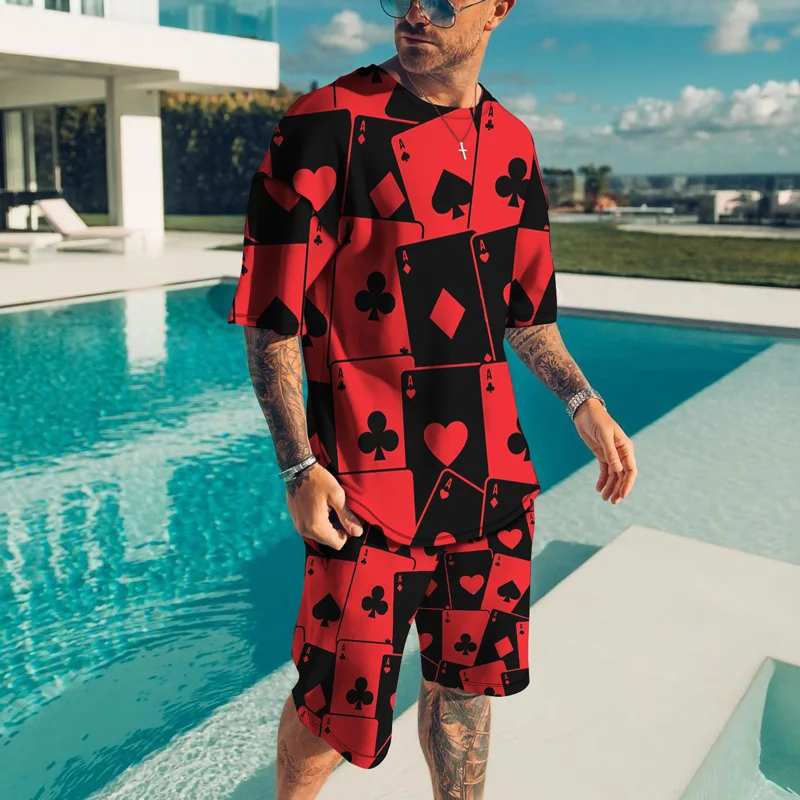 

New Summer Men's Sets Playing Cards Printing Short-Sleeved T-Shirt Suit Leisure 2 Piece Set Street Fashion Shorts Man Clothing