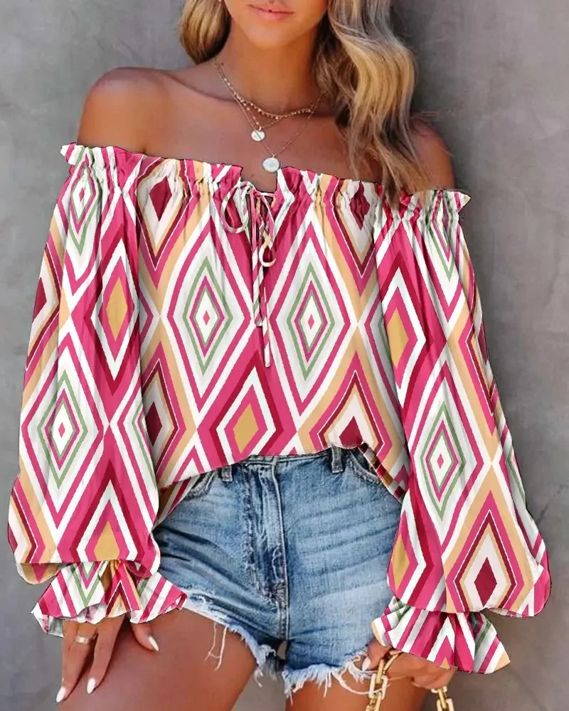 

Summer Fall Sexy Off The Shoulder Fashion Slash Neck Women's T-shirt Top Floral Loose Flare Sleeve Blouse jacket Women Shirt