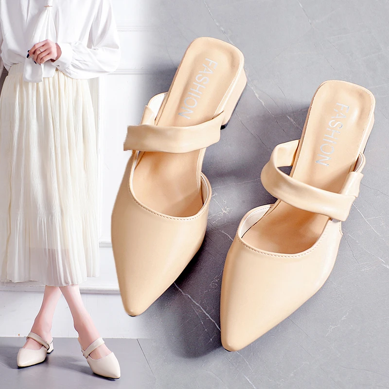 

Shoes Woman's Slippers Square heel Cover Toe Female Mule Med Slides Fashion 2022 Block Mules Luxury Summer Hoof Heels Rome Rubbe