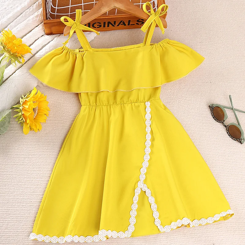 

Summer Girls Dress Children Yellow Boat Neck Bare Shoulders Temperament Princess Dress 4-7 Years Birthday Party Clothes