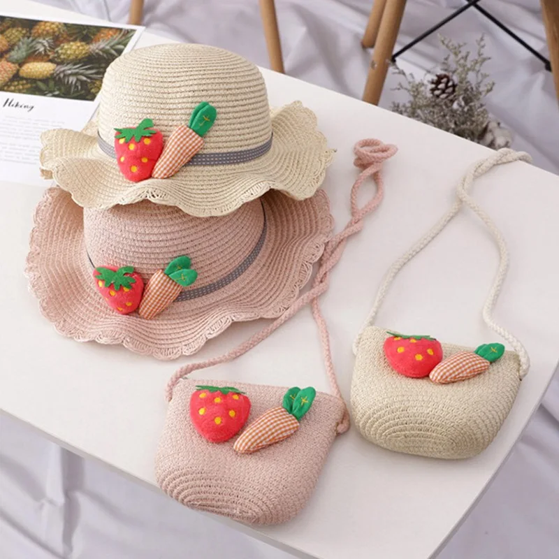 

Children's Girls Large Wide-brimmed Straw Sunscreen Beach Hat Summer Sunscreen Straw Hat Decorative Bag Bucket Bag