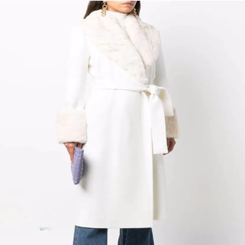 

Autumn Winter New Fashion fur collar Wool Blends Overcoat Women temperament White Belted Split Long Coat