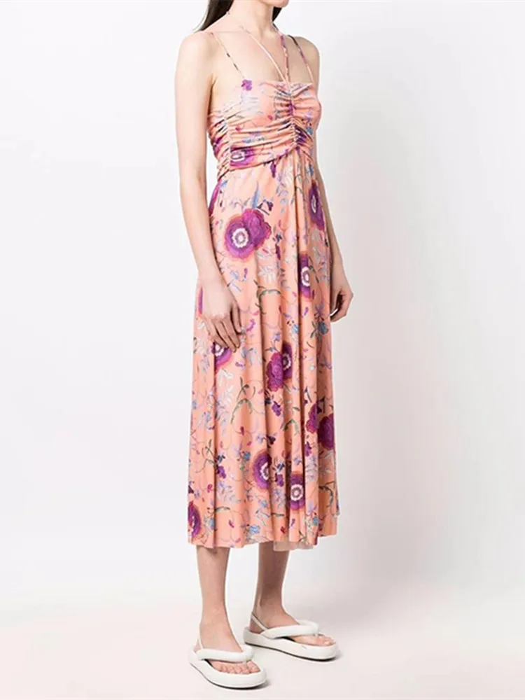 

2022 Summer Women Floral Print Pleated Sling Midi Dress Vintage Ladies Sexy Backless A-Line Long Robes New Fashion