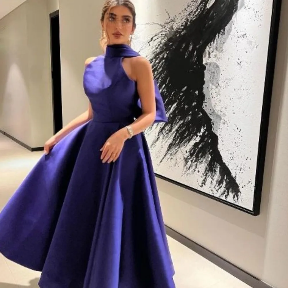 

Sapmae Halter A-line Floor-length Zipper Up Backless Ball Gown Bule Simple Elegant Prom Formal Evenning Party Dress For Women