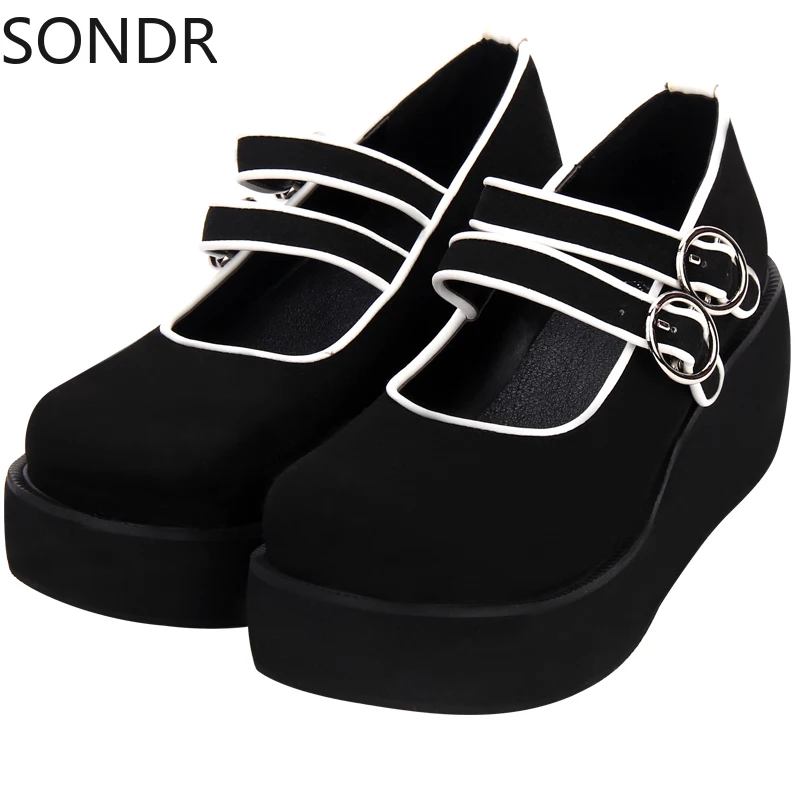 

2022 Lolita Belt Buckle High Wedge Heel Pumps Womens Shoes Platform Suede Leather Gothic Black Brown Cosplay Plus Size