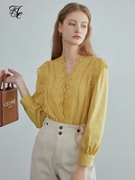 fsle casual white lace blouse shirt women long sleeve v neck yellow spring top female elegant office ladies shirt 2021