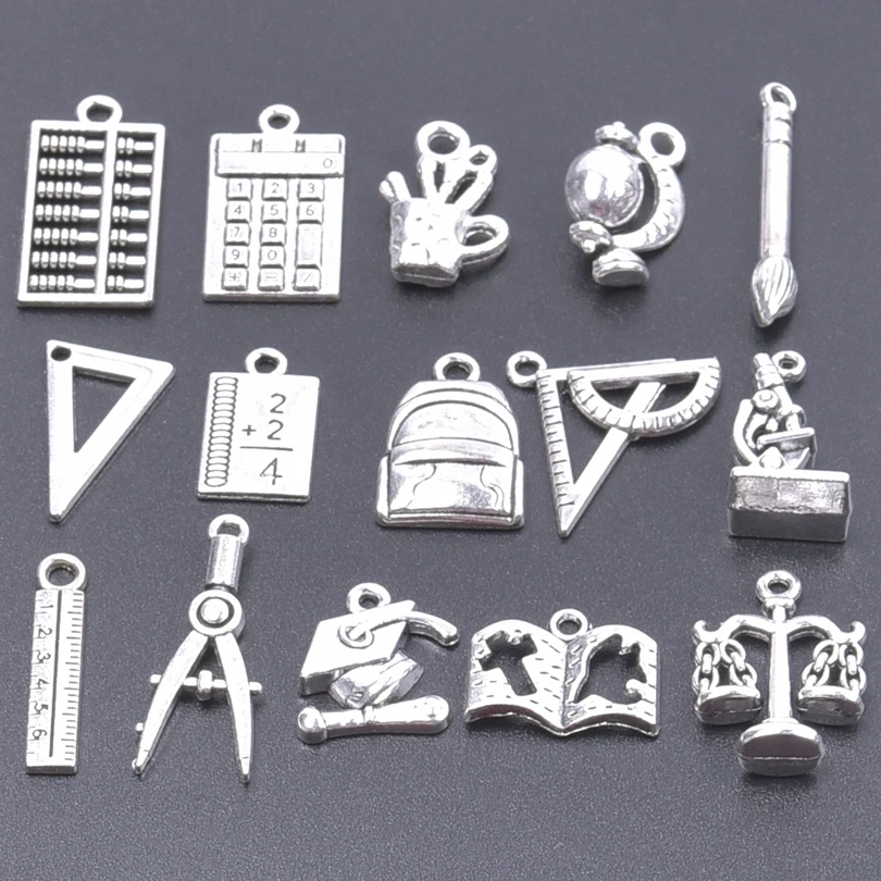 

15Pcs Antique Charm Series/Ruler /Calculator Silver Alloy Mixed School Supplies Tools Pendants DIY Handmade Accessories