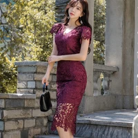 fashion women new arrival casual temperamental v neck formal dress comfortable high quality lace perspective sexy pencil dress