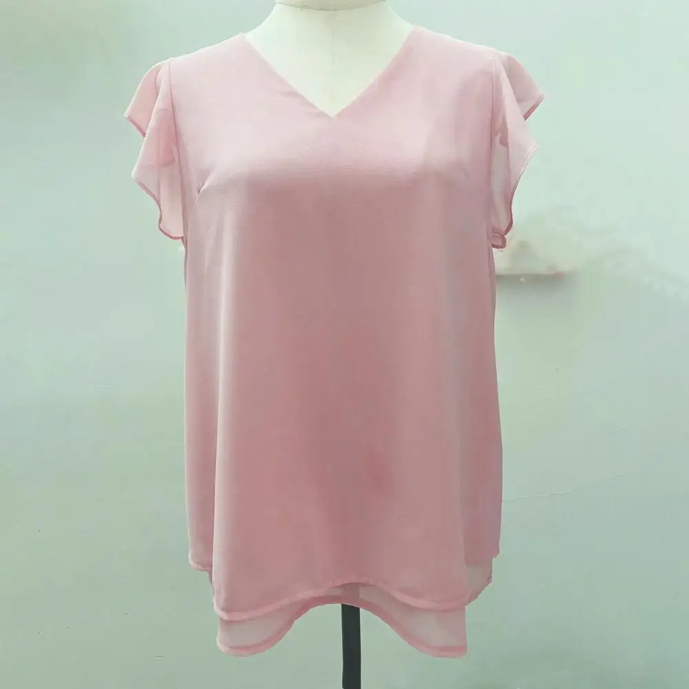 

Женская шифоновая футболка, шикарная двухслойная шифоновая женская футболка с V-образным вырезом, легкий летний топ с рукавами-летучими рукавами для повседневной носки