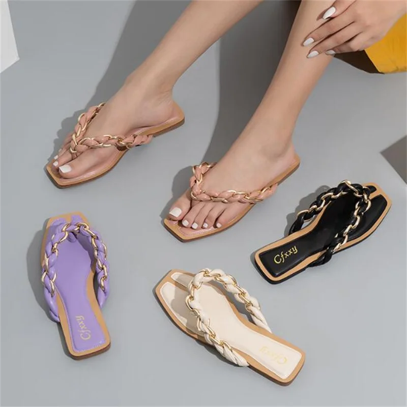 New Arrival Womens Slippers Leather Square Toe Flats Flip Flops Designer Ladies Slides Summer Sandals Women Shoes Zapatos